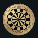 Custom Family Name Gold Black Personalized Dart Board<br><div class="desc">Let the games begin! Add your own special touch to this classic metallic gold and black dartboard with your family name, phrase and established date. Perfect for a family game room and dart board tournament.</div>