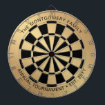 Custom Family Name Gold Black Personalized Dart Board<br><div class="desc">Let the games begin! Add your own special touch to this classic metallic gold and black dartboard with your family name, phrase and established date. Perfect for a family game room and dart board tournament.</div>