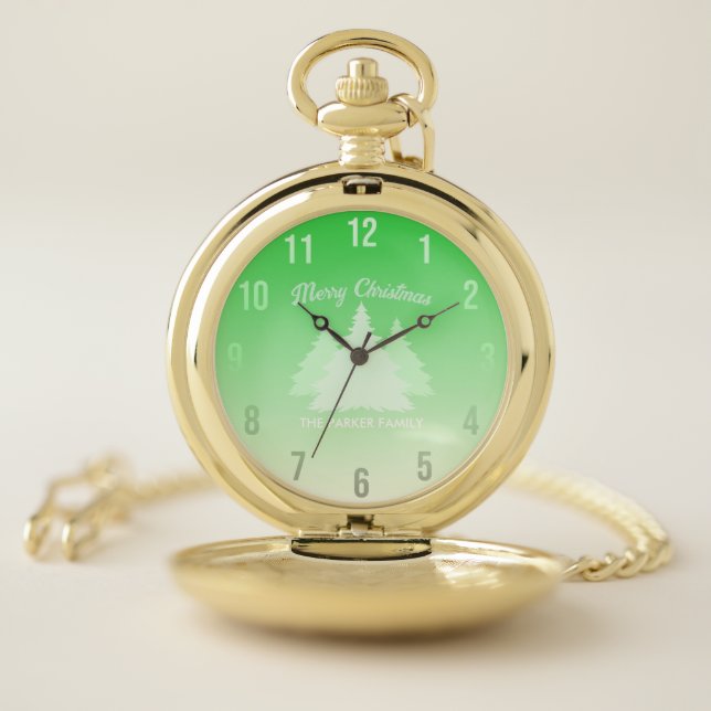 Custom Family Name Green Gradient Merry Christmas Pocket Watch (Inside)