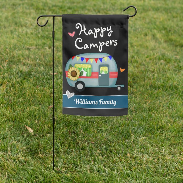 Custom Family Name Happy Campers Garden Flag (In SItu)