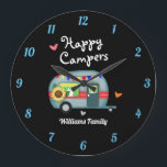 Custom Family Name Happy Campers Large Clock<br><div class="desc">Custom Family Name Happy Campers Summer Vacation wall clock! All text is adjustable. Camper and hearts illustration by Valarie Wade.</div>