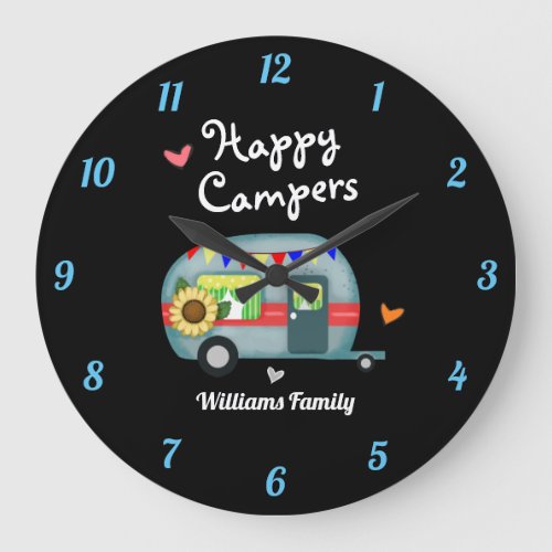 Custom Family Name Happy Campers Large Clock