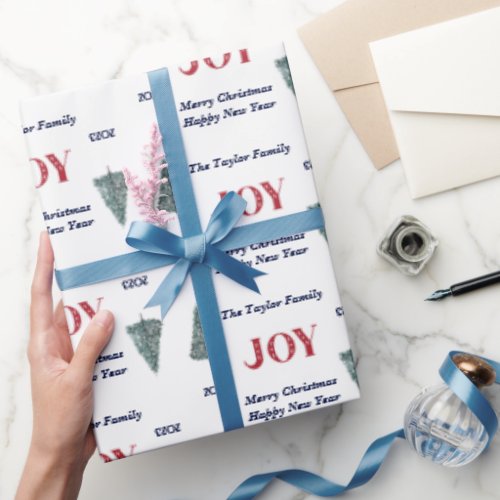 Custom Family Name JOY Christmas Tree Wrapping Paper