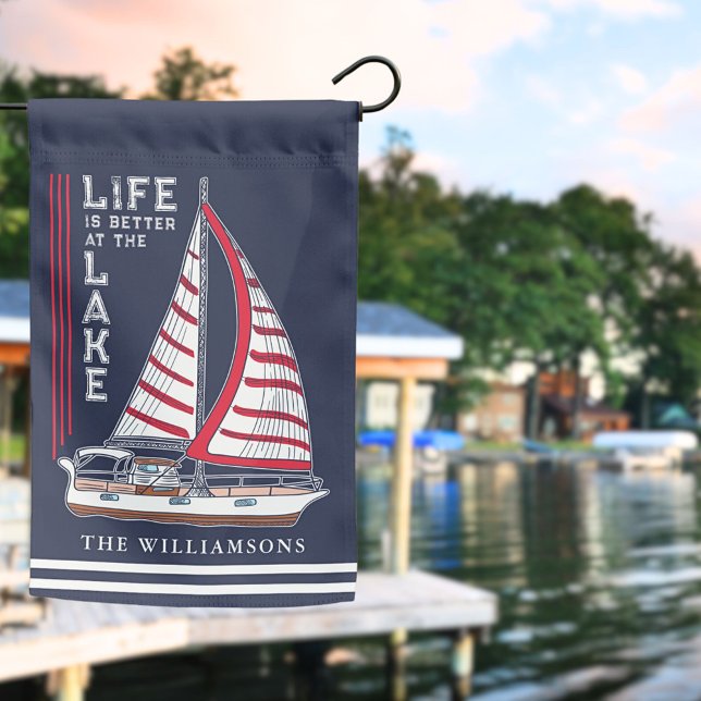 Custom Family Name Lake House Navy Blue Nautical Garden Flag (Garden Flag 12" x 18" for a Lake House or a Boat)