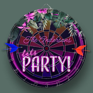 Custom Family Name Let's Party Pink Neon Tropical Dart Board