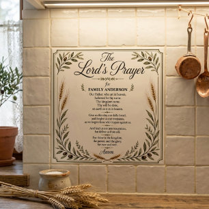 Custom Family Name Lord’s Prayer Botanical Beige Ceramic Tile