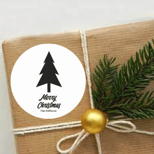 custom Family Name Merry Christmas Black White Classic Round Sticker