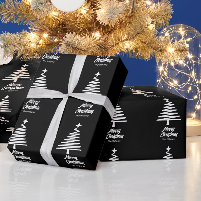 custom Family Name Merry Christmas Black White Wrapping Paper (Holidays)