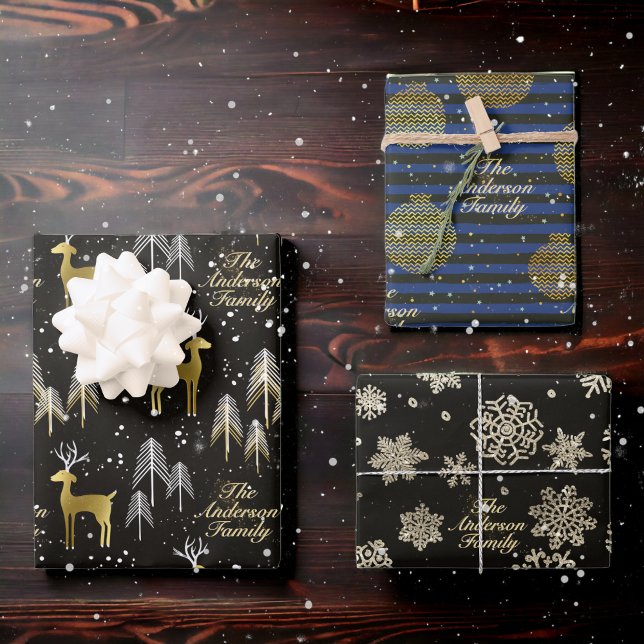 Custom Family Name Metallic Gold Christmas Gift Wrapping Paper Sheets (Creator Uploaded)