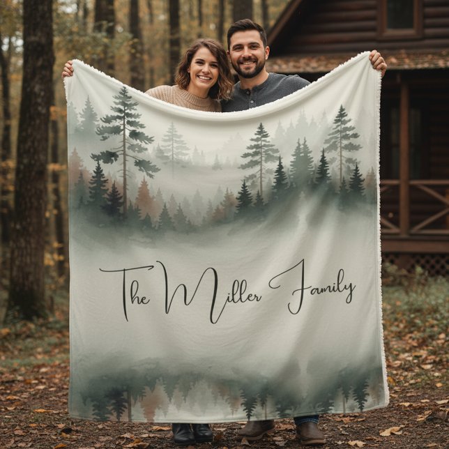 Custom Family Name - Misty Watercolor Forest  Sherpa Blanket (Creator Uploaded)