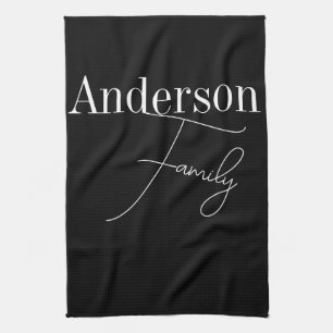 Custom Family Name Modern Black and White Kitchen Towel