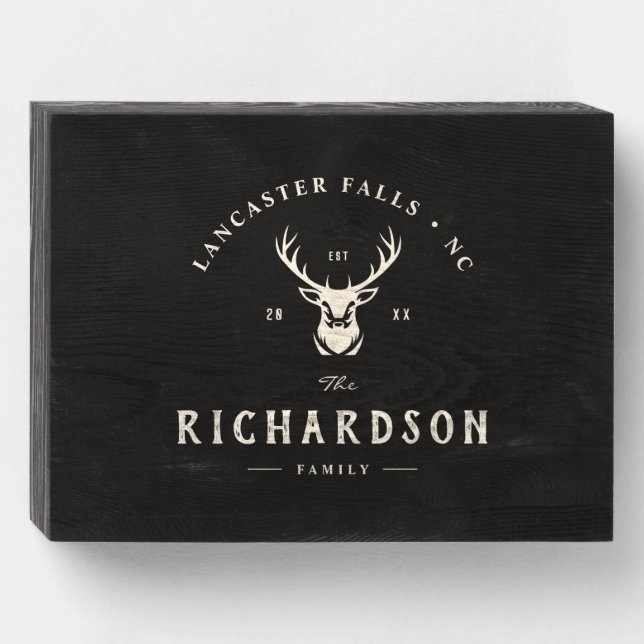 Custom Family Name Modern Trendy Farmhouse Buck Wooden Box Sign (Front Horizontal)