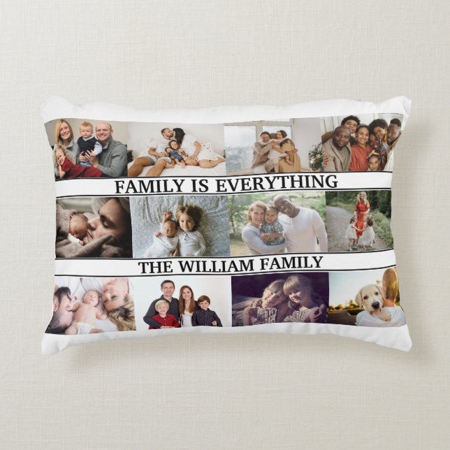Custom Family Name, monogram & 12 Photo Collage Accent Pillow (Front)