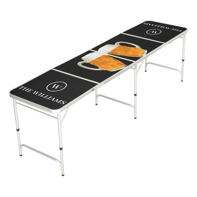 Custom Family Name & Monogram Beer themed black Beer Pong Table (Angled)