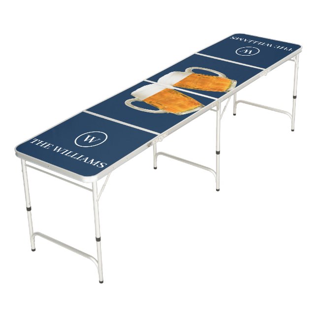 Custom Family Name & Monogram Beer themed blue Pong Table (Angled)