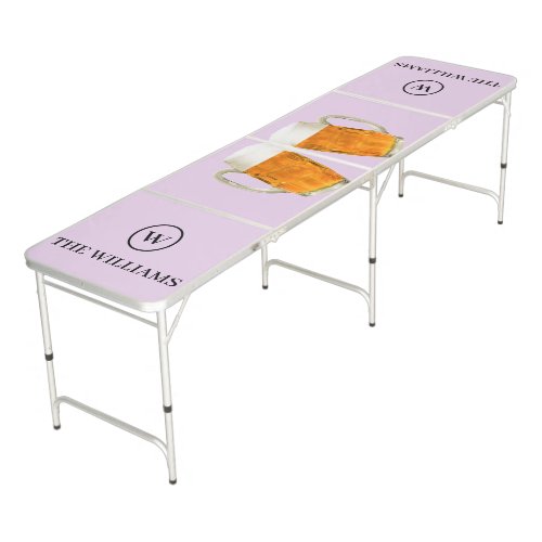 Custom Family Name  Monogram Beer themed lilac Beer Pong Table