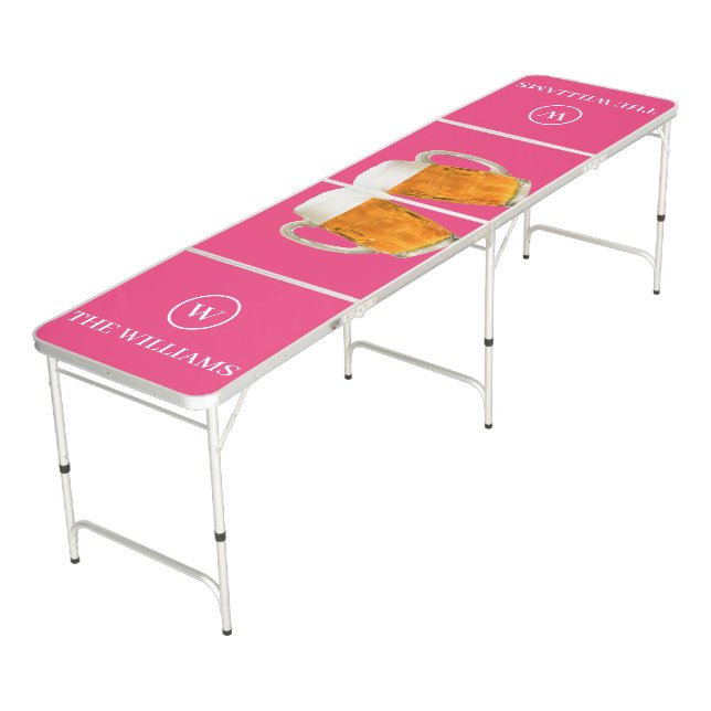 Custom Family Name & Monogram Beer themed pink Pong Table (Angled)