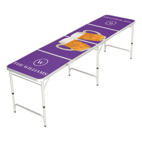 Custom Family Name  Monogram Beer themed purple Beer Pong Table