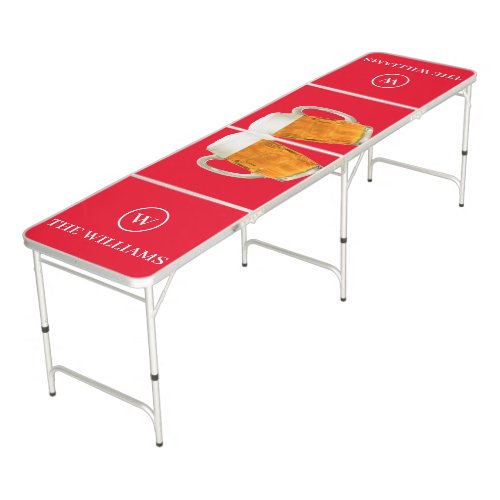 Custom Family Name  Monogram Beer themed red Beer Pong Table