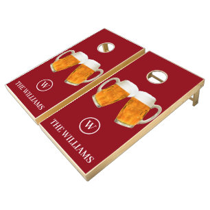 Custom Family Name & Monogram Beer themed red Cornhole Set