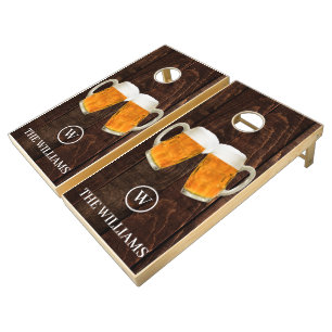 Custom Family Name & Monogram Beer themed wood Cornhole Set