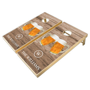 Custom Family Name & Monogram Beer themed wood Cornhole Set