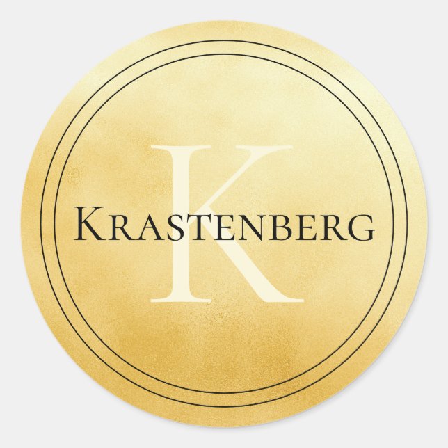 Custom Family Name Monogram Black Cream Gold Classic Round Sticker (Front)