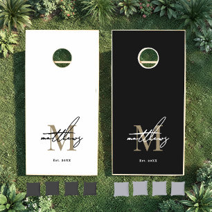 Custom Family Name Monogram Black Gold Cornhole Set