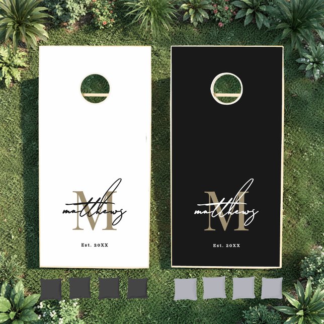 Custom Family Name Monogram Black Gold Cornhole Set (Custom Family Name Monogram Black Gold Cornhole Set )