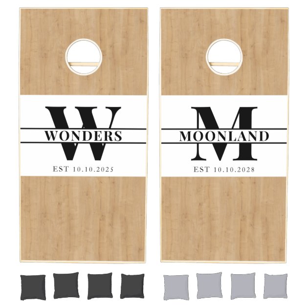 Custom Family Name Monogram Light Wood Grain Cornhole Set