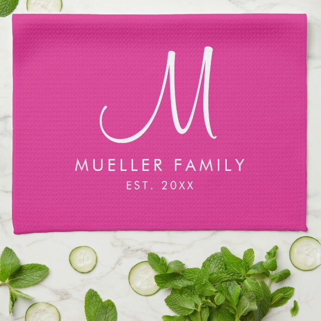 Custom Family Name Monogram Template Trendy Pink Kitchen Towel (Folded)