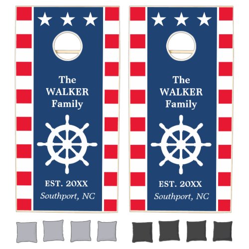 Custom family name nautical American flag colors Cornhole Set