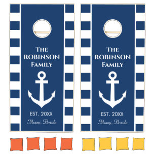 Custom family name nautical anchor navy stripes cornhole set