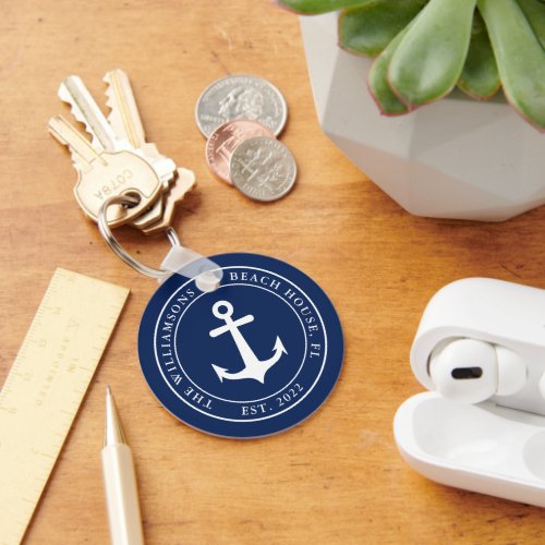 Custom Family Name Nautical Navy Blue White Anchor Keychain