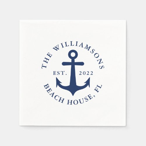 Custom Family Name Nautical White Navy Blue Anchor Napkins