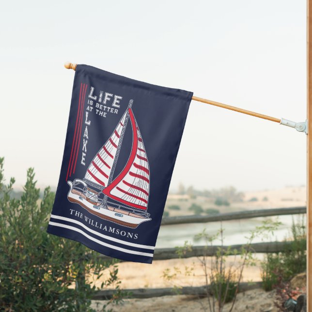 Custom Family Name Navy Blue Nautical Lake House Flag (Insitu (Back))