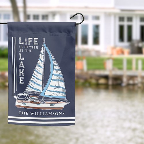 Custom Family Name Navy Blue Nautical Lake House Garden Flag