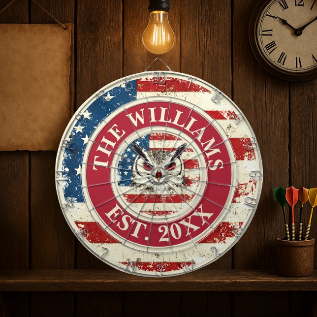 Custom Family Name Owl Rustic US Flag 4th Of July Dart Board (Custom Family Name Owl Rustic US Flag 4th Of July Dart Board)