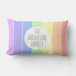 Custom Family Name Pastel Rainbow stripes Colorful Lumbar Pillow
