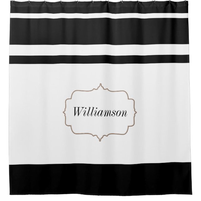 Custom Family Name Personalized Black and White Shower Curtain (Front)