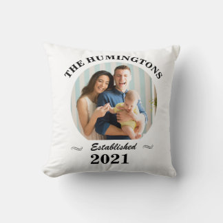 Custom family name, photo and year established throw pillow