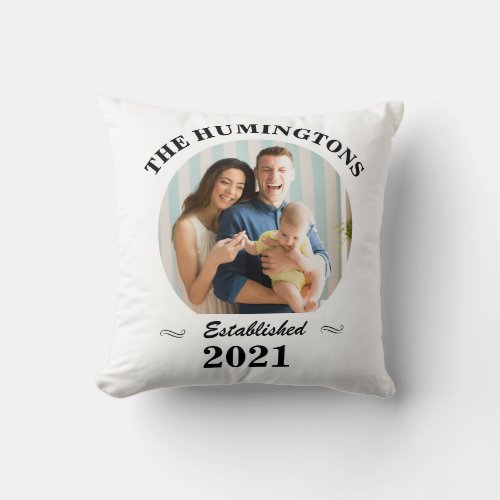 Custom family name photo and year established  throw pillow