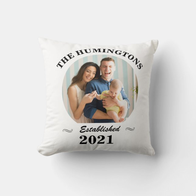 Custom family name, photo and year established  throw pillow (Front)
