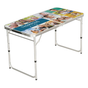 Custom Family Name Photo collage blue Beer Pong Table