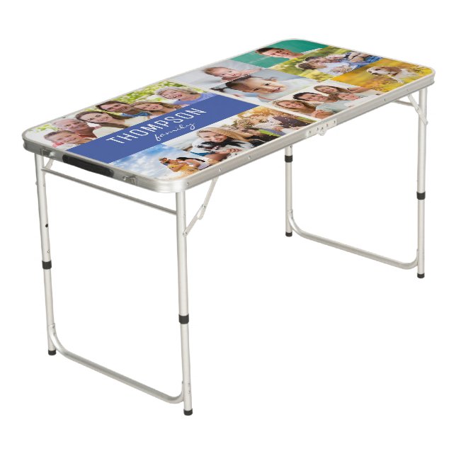 Custom Family Name Photo collage Blue Block Beer Pong Table (Angled)
