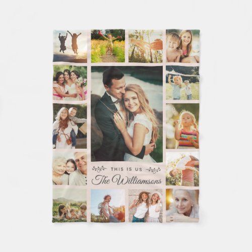 Custom Family Name Photo Collage Modern Blush Pink Fleece Blanket