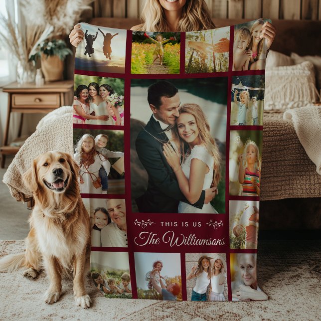 Custom Family Name Photo Collage Modern Burgundy Fleece Blanket (Creator Uploaded)
