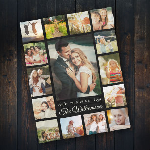 Custom Family Name Photo Collage Modern Gift Black Fleece Blanket