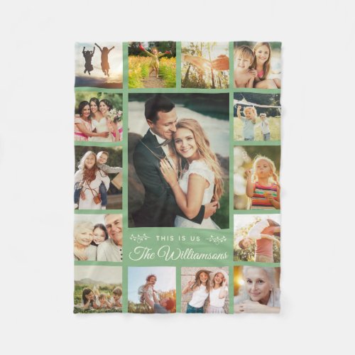 Custom Family Name Photo Collage Modern Gift Green Fleece Blanket