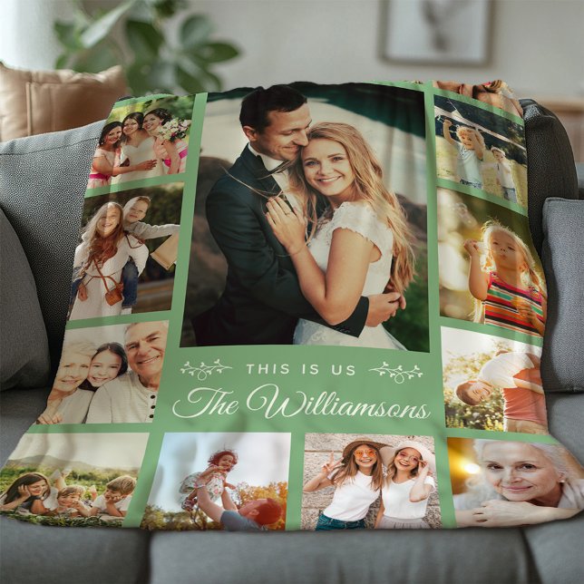 Custom Family Name Photo Collage Modern Gift Green Fleece Blanket (Creator Uploaded)